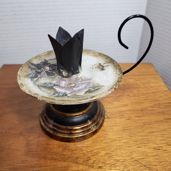 Vintage Pair of Porcelian and Metal Hand Painted Floral Candle Holders - Picture 12 of 17